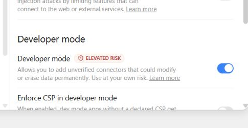 ChatGPT Security and login settings showing Developer mode