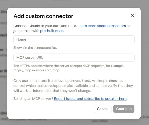 Claude Add custom connector dialog with Name and MCP server URL fields